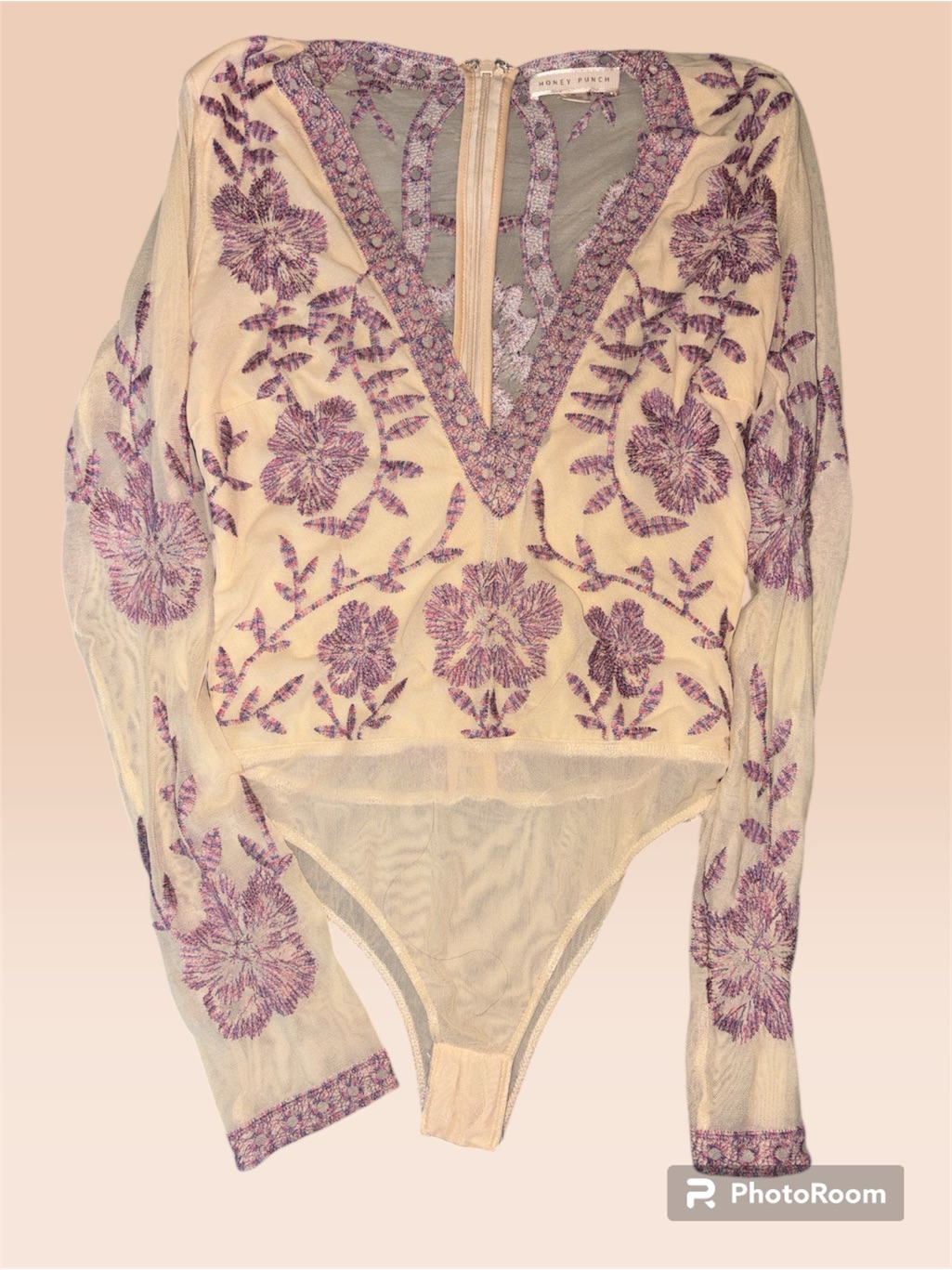 Honey Punch Deep V Floral Embroidered Sheer Sleeves And Back Bodysuit Size S